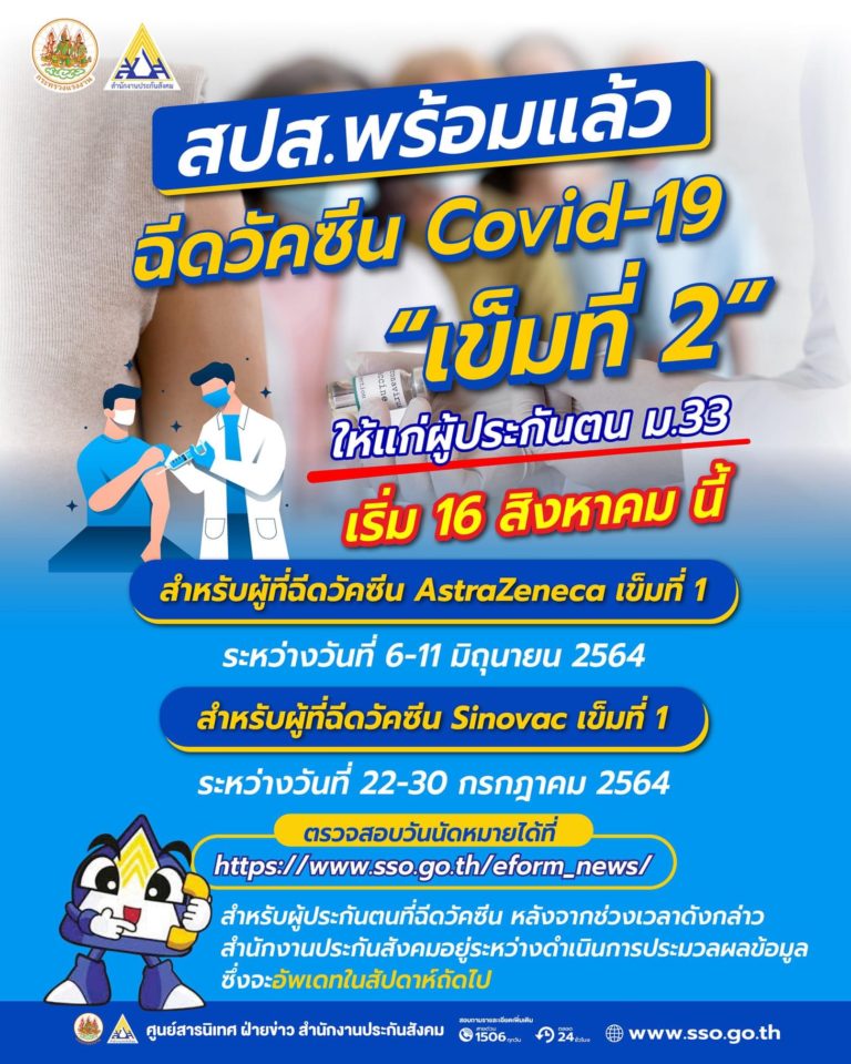 เช็กเลย!ประกันสังคมเปิด 26 จุดฉีดวัคซีนเข็ม 2 ให้ผู้ประกันตนม.33 ทั่วกรุง 16 ส.ค.นี้